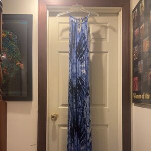 ECI Women's Stretch Blue Tie Dye Keyhole Halter Tie-Back Maxi Dress